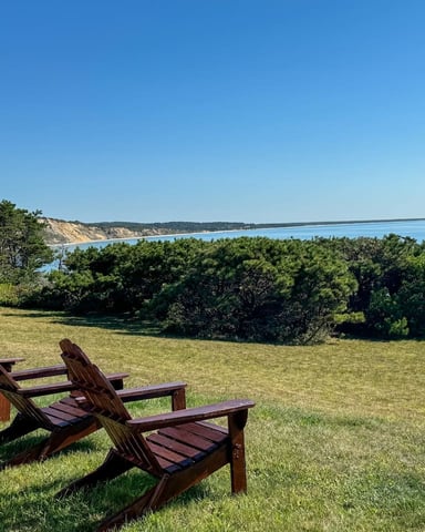 Two wooden Adirondack chairs on a grassy lawn overlooking a bay with forested shoreline and sandy cliffs